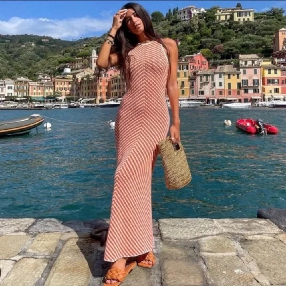 Zara Orange + White Knit Dress: Size Small